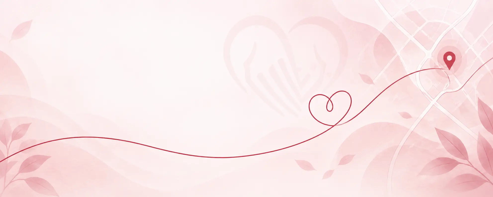 A red thread traces a path from a small heart, past a faint watercolour heart formed by hands, to a map pin marking a location on a street map, over a soft pale pink background.