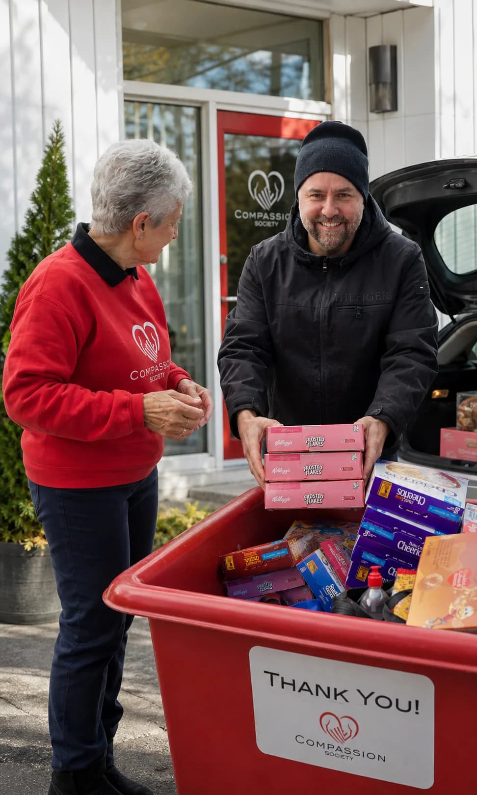 A smiling donor and a Compassion Society of Halton volunteer placing donated groceries into a red collection bin.