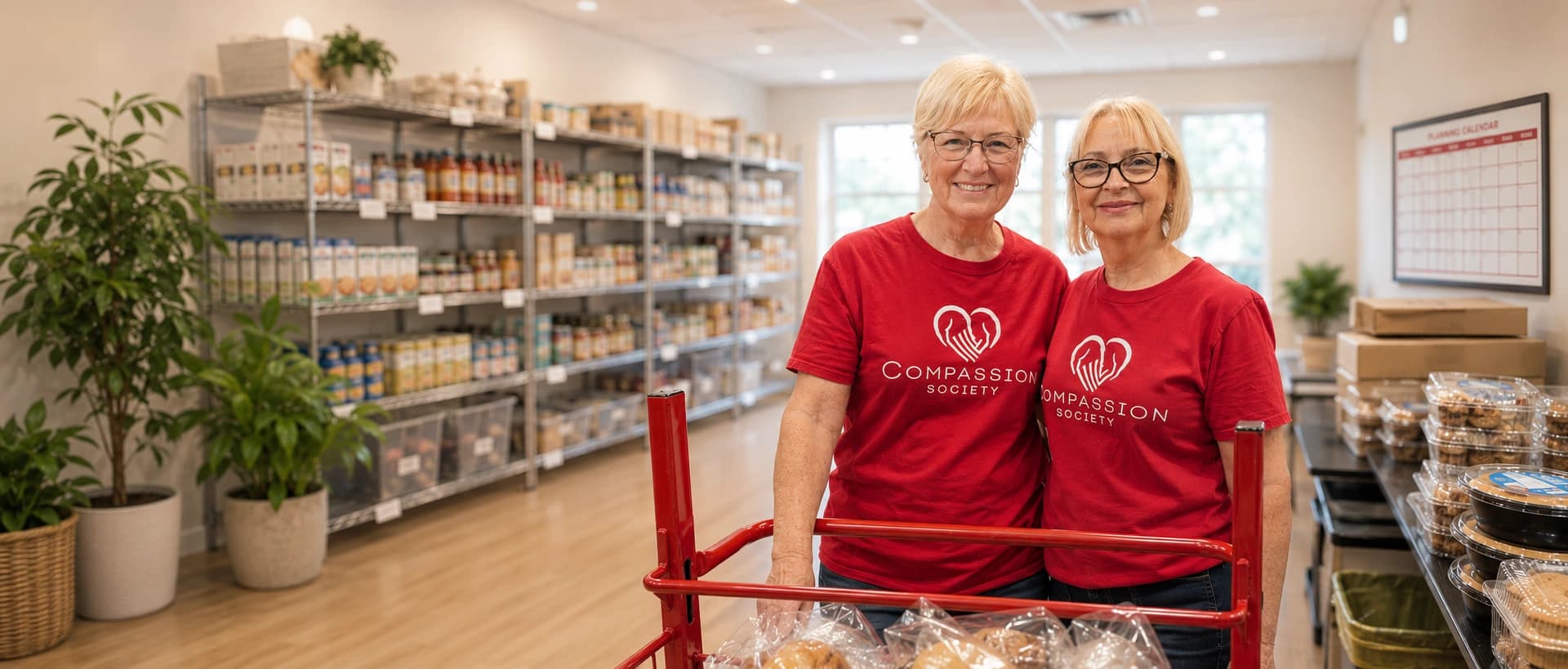 Two Compassion Society of Halton team members in branded shirts beside a cart of bagged goods in the stocked, plant-lined food bank.