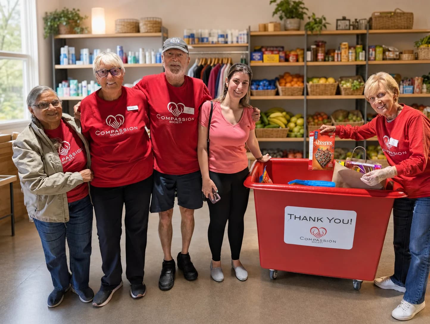 Compassion Society of Halton volunteers standing together beside donated groceries and everyday essentials.