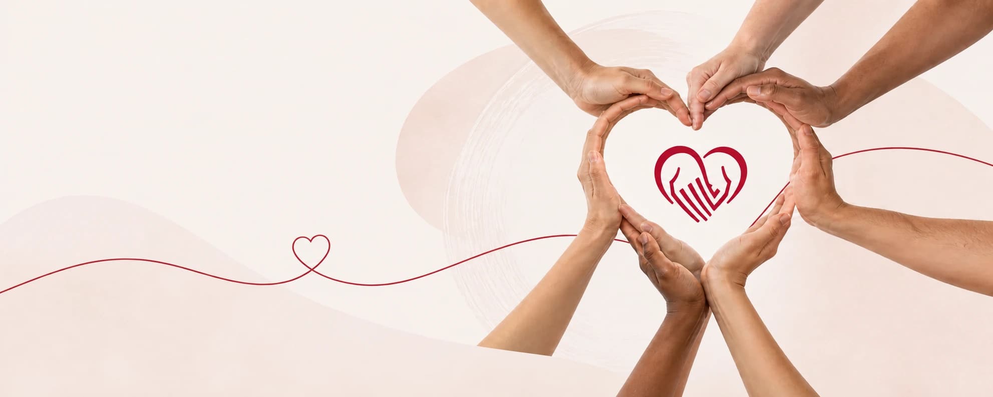 Diverse hands form a large heart around the Compassion Society of Halton heart mark while a red thread connects the composition.