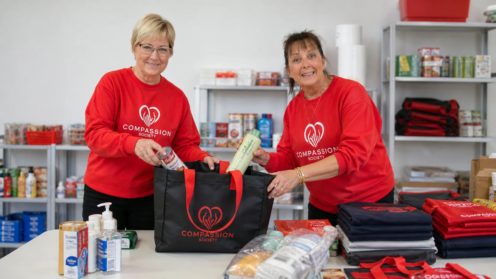Two Compassion Society of Halton volunteers preparing groceries and personal care products together.